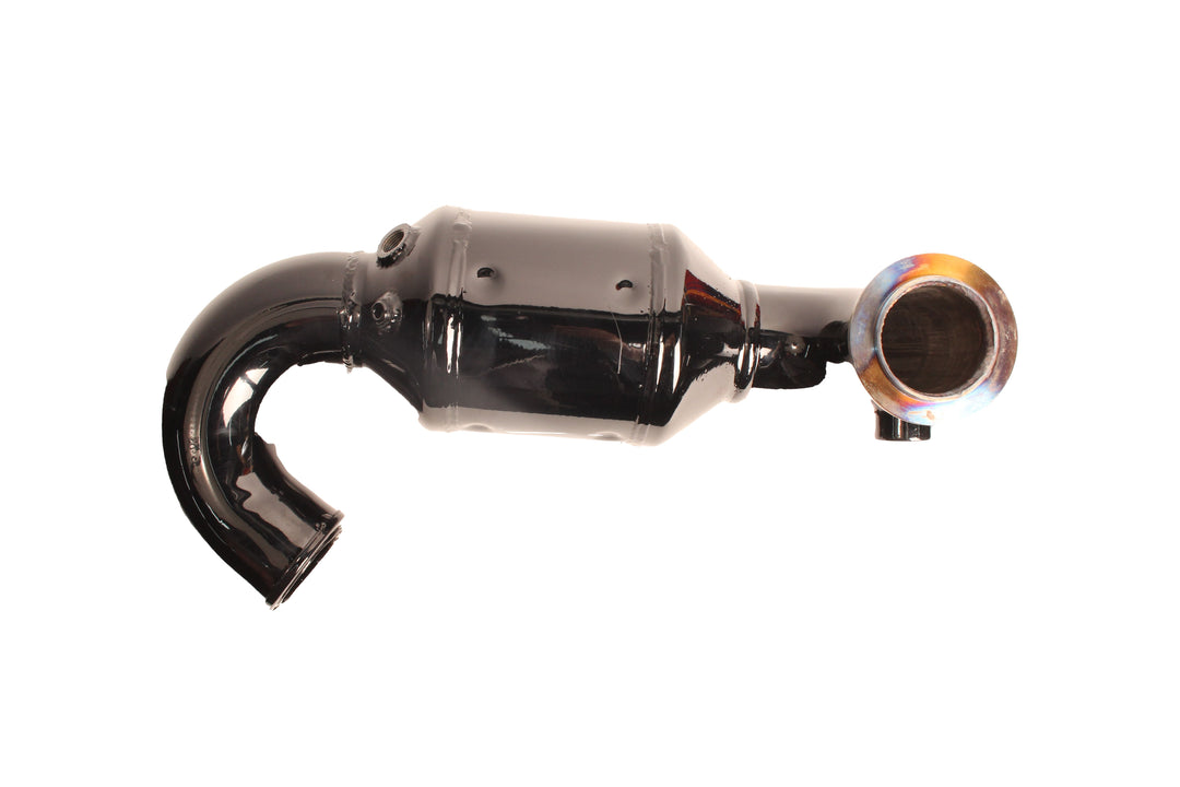 Black raised 1" elbow bank exhaust component with a curved pipe and flange, designed for marine or industrial applications.