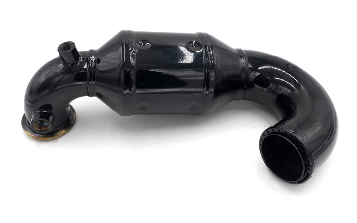 Black supercharger intake exhaust pipe for Ford Riser ASM Bank 1, curved with threaded openings on both ends.