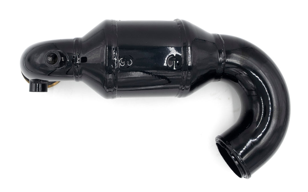 Black supercharger exhaust pipe for Ford Riser ASM Bank 1, curved and cylindrical with mounting points.