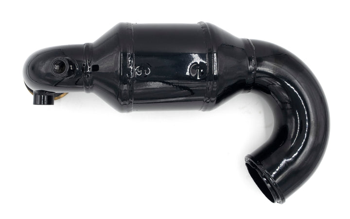 Black supercharger exhaust pipe for Ford Riser ASM Bank 1, curved and cylindrical with mounting points.
