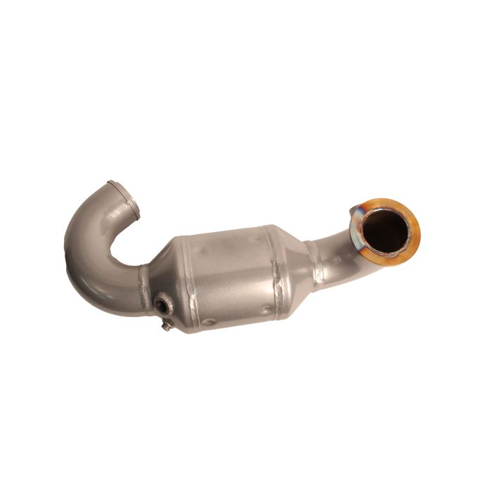 Silver Indmar Port catalytic converter elbow with curved pipe and mounting flange for marine exhaust systems.
