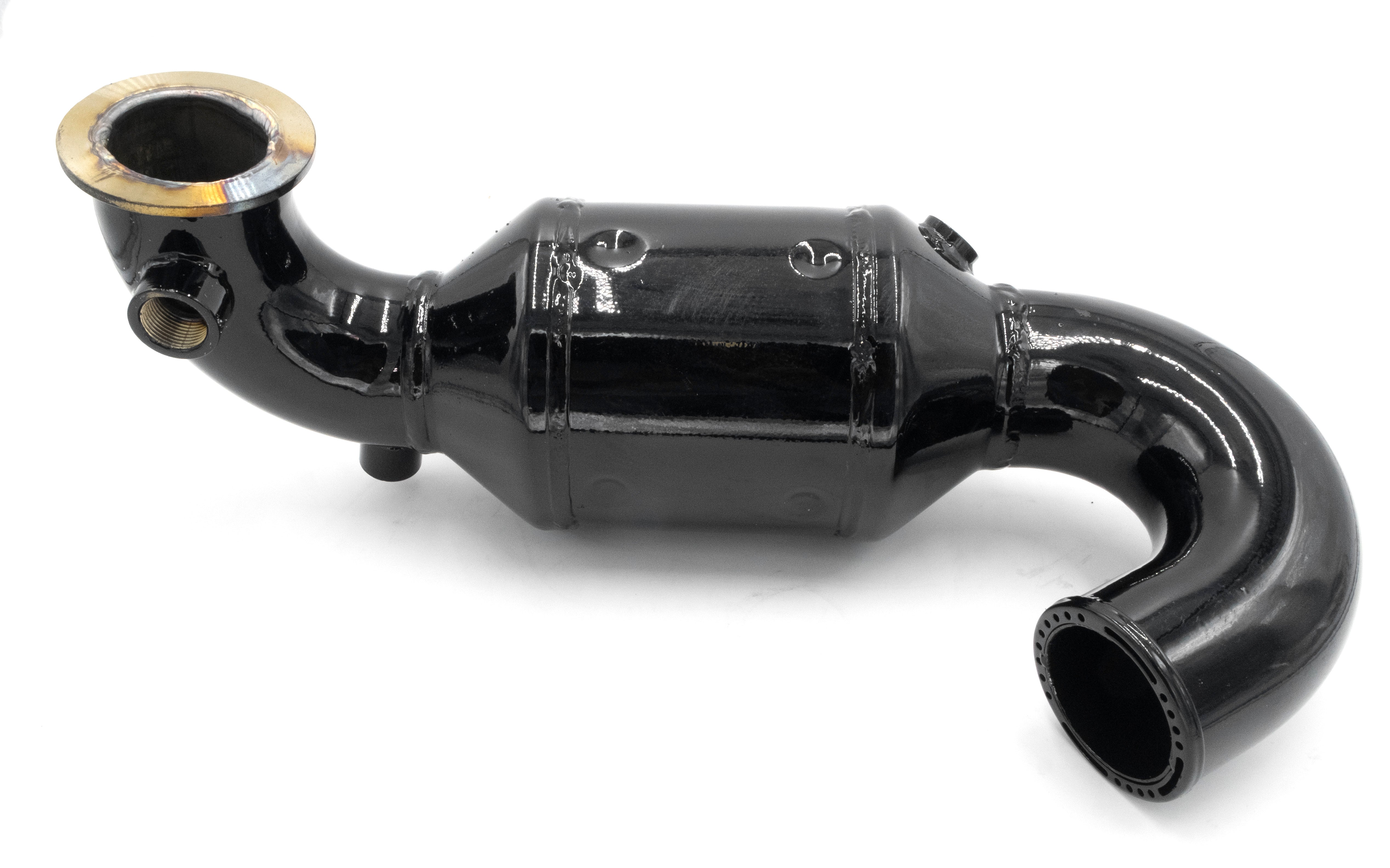 Black Indmar 6.2 Starboard catalytic converter with curved pipe and mounting flange, designed for marine engine exhaust systems.