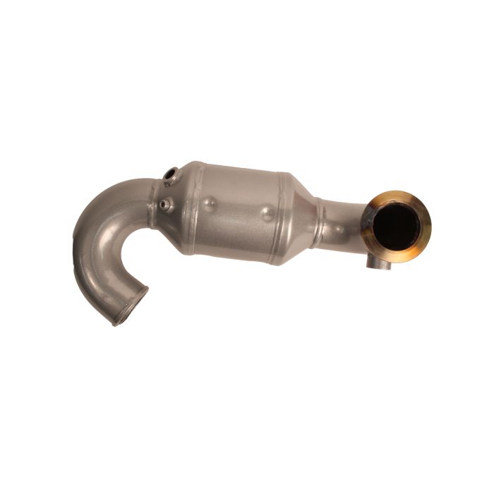 Silver catalytic converter elbow with curved pipe and mounting flange, designed for marine engine exhaust systems.