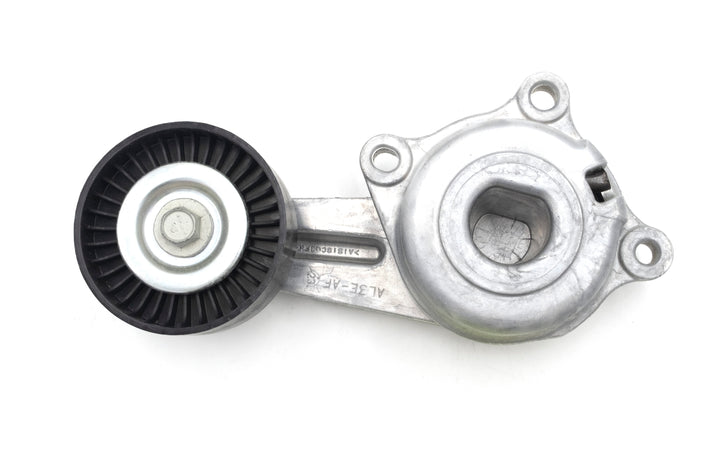 Indmar tensioner assembly for Ford 6.2 engine, featuring a metal bracket and a black pulley with a central bolt.