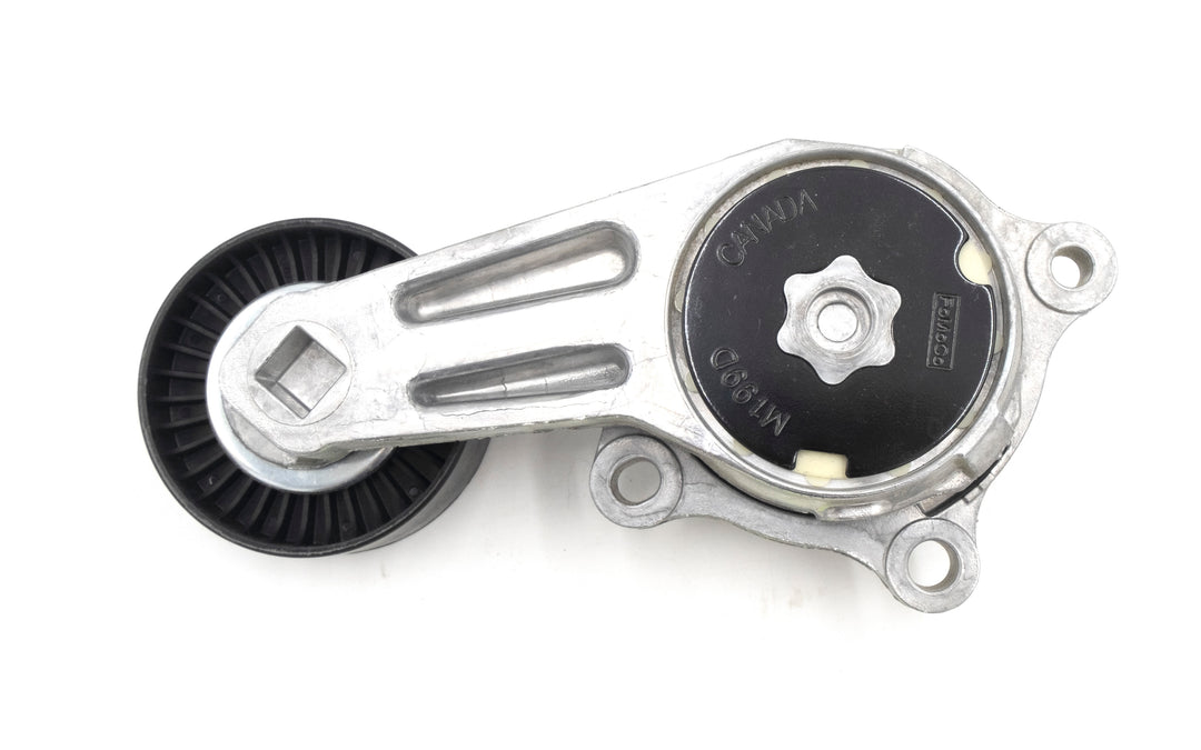 Indmar tensioner assembly for Ford 6.2 engine, featuring a metal arm, pulley, and black tensioner cap with "Canada" and "MN 9890" markings.