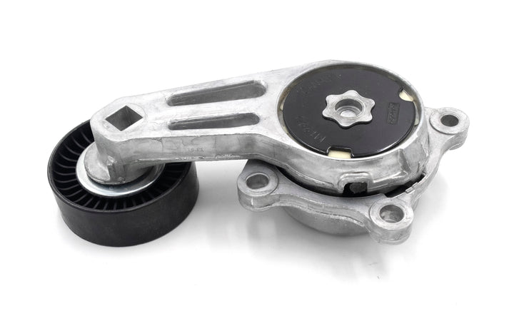 Indmar tensioner assembly for Ford 6.2 engine, featuring a metal bracket and a black pulley for belt tensioning.