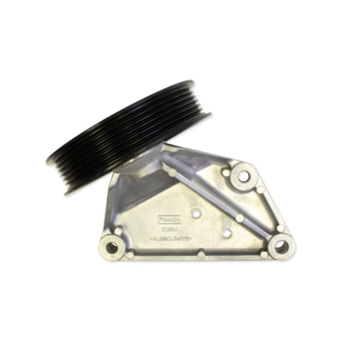 Metal idler assembly with a black multi-ribbed pulley for a 6.2L Ford engine, used in Indmar marine engine applications.