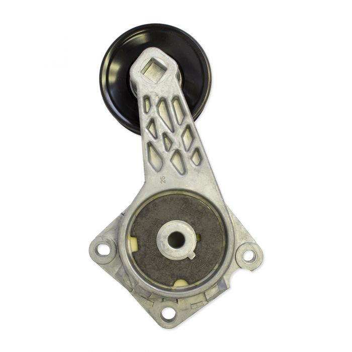 Belt tensioner for Indmar 6.2L engine, includes pulley and mounting bracket for engine belt adjustment.
