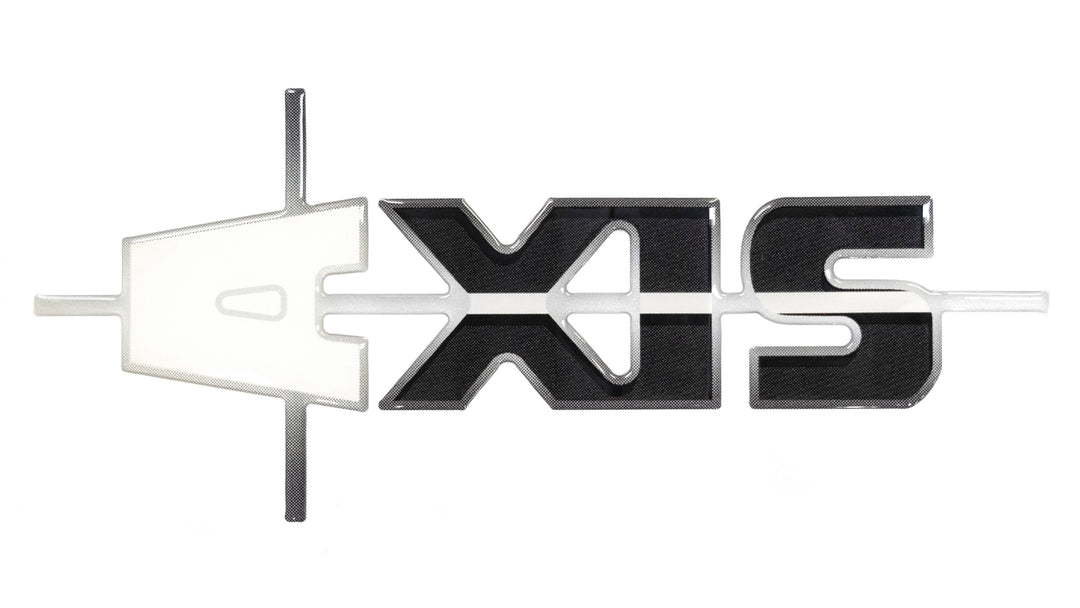 Decal with the Axis logo, 4x9 inches, transom placement, crystal cap finish, black and white design.