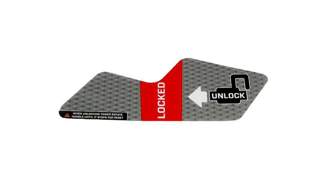 Malibu GV Tower Lock decal with instructions to unlock port, featuring a gray textured background and a white arrow.