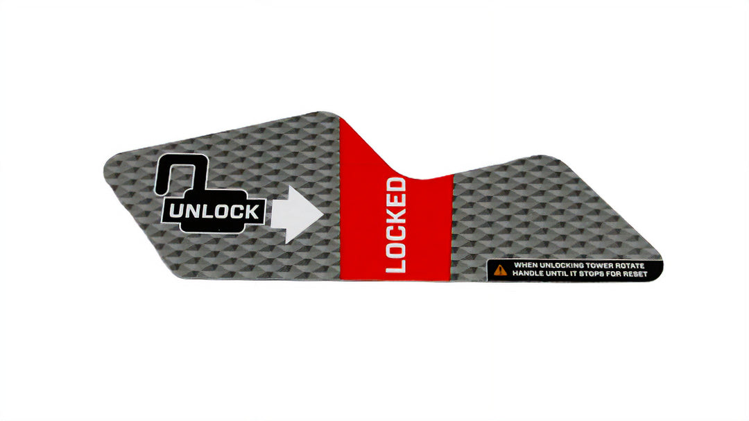 Decal with instructions to unlock and lock the Malibu GV Tower, featuring a textured background and directional arrow.