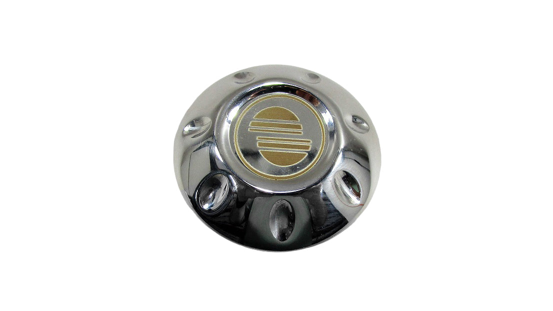 Malibu Pylon Cap featuring a polished chrome finish and gold logo, designed for durability and style on boats.