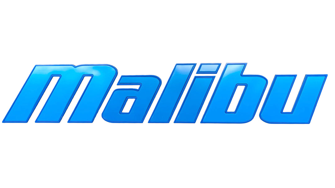 Malibu 50 Vapor Blue decal emblem for boats, featuring a sleek blue design for stylish branding.