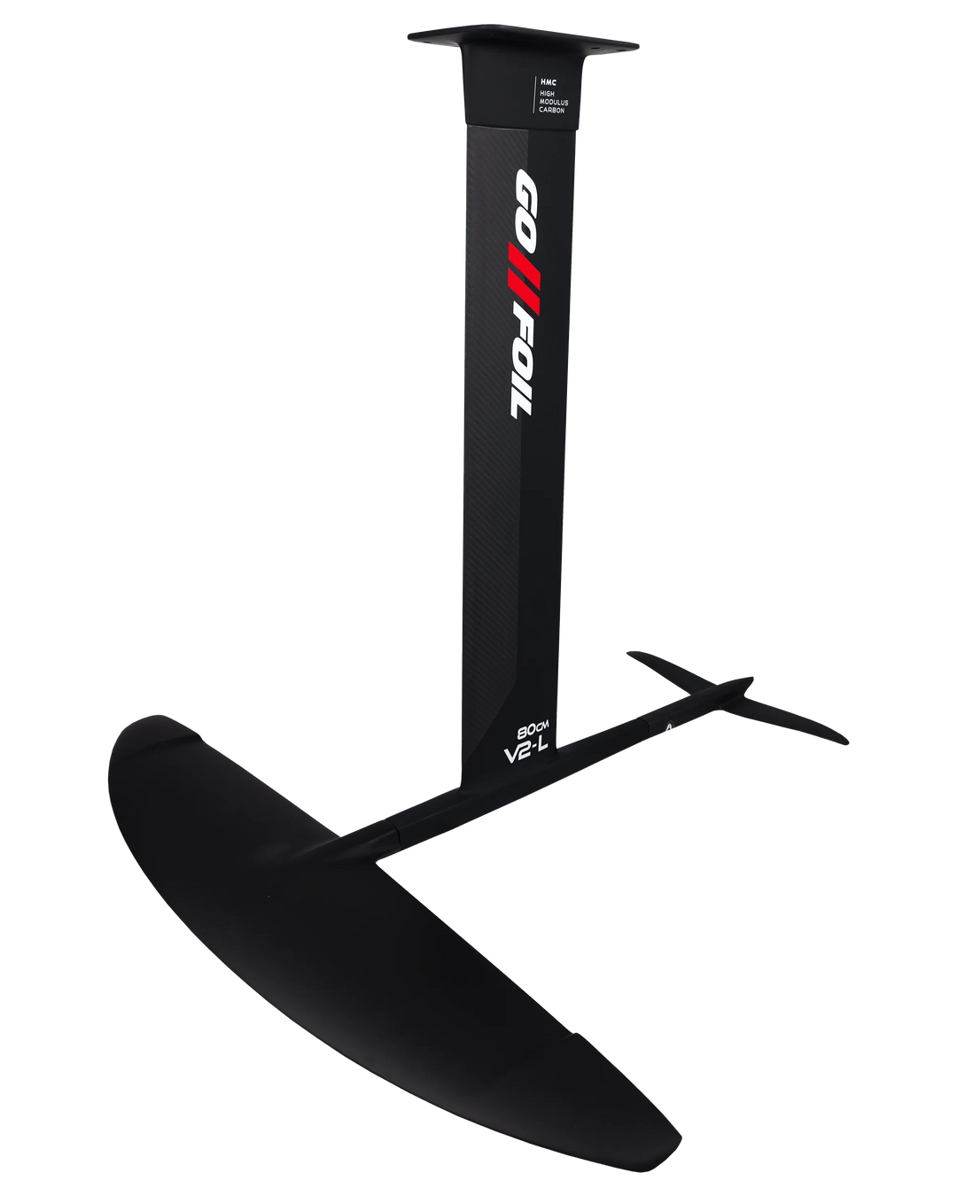 2026 Phase Five Phantom Foil features a sleek black design with a large wing and vertical mast for enhanced performance on the water.