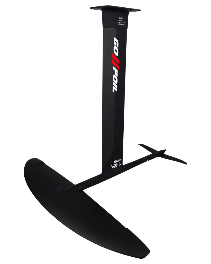 2026 Phase Five Phantom Foil features a sleek black design with a large wing and vertical mast for enhanced performance on the water.