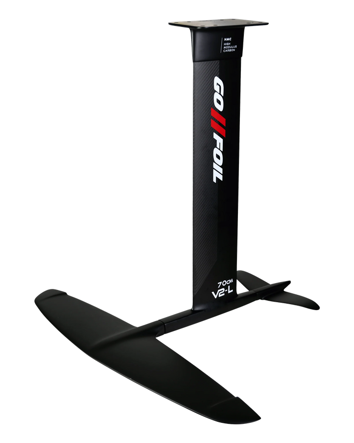 2026 Phase Five Phantom Foil features a sleek design with a carbon mast and large black wing for optimal performance on the water.