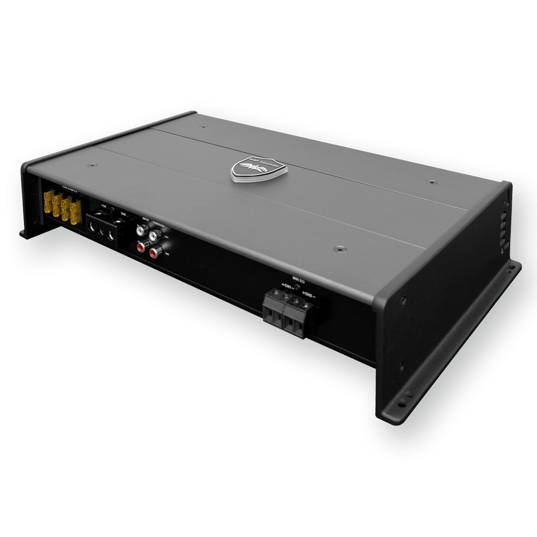 Wet Sounds SYN-DX2.3 HP marine amplifier with dual channels, black and silver design, and various input/output connections.