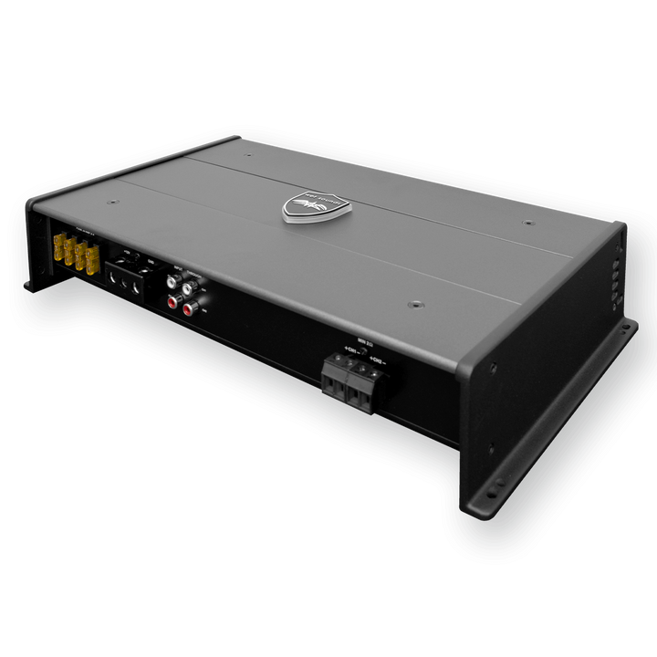 Wet Sounds SYN-DX2.3 HP marine amplifier with dual channels, black and silver design, and various input/output connections.