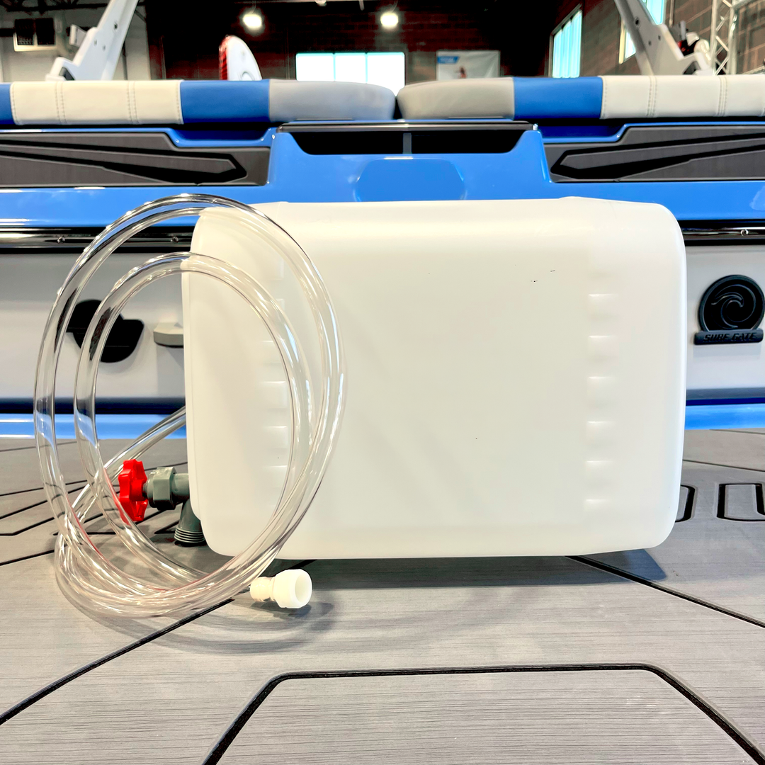 5-gallon winterize jug with attached hose, designed for easy winterization of Malibu and Axis boats.