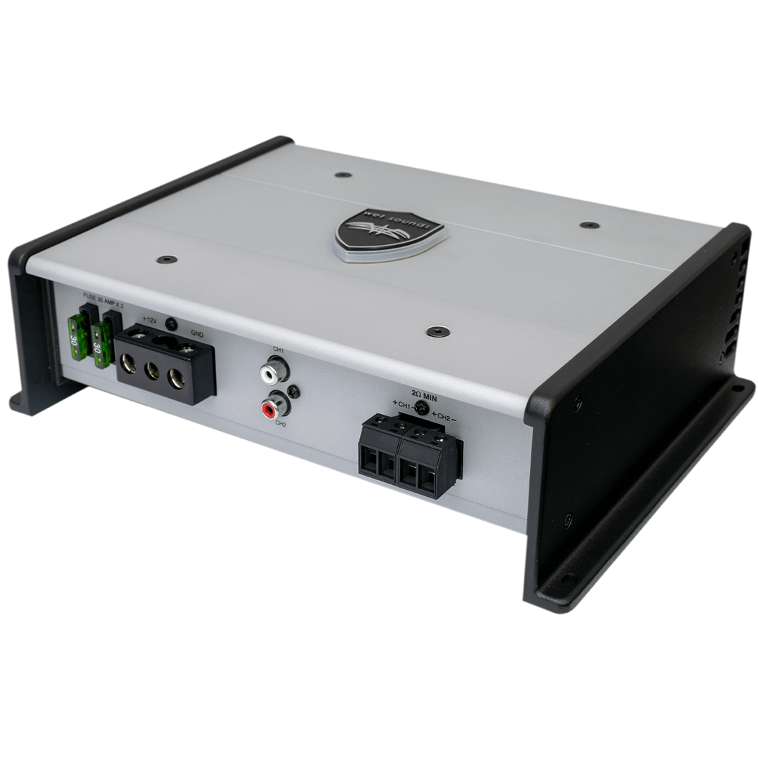 Wet Sounds HTX-2 marine amplifier with dual channels, power connections, fuse, and control inputs for boat audio systems.
