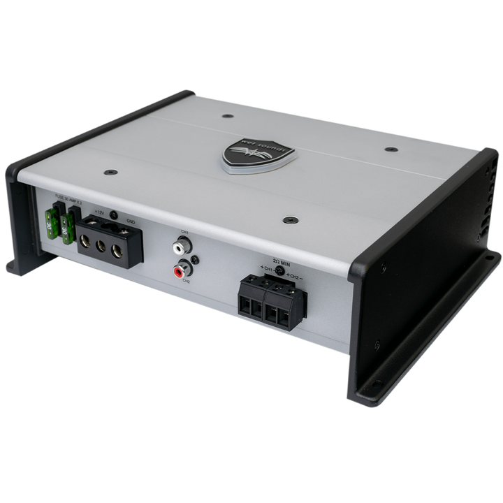 Wet Sounds HTX-2 marine amplifier with dual channels, power connections, fuse, and control inputs for boat audio systems.