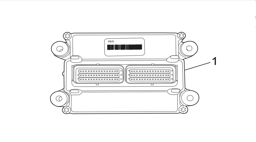 Line drawing of an engine control module with two connector ports, mounting points, and a label reading "PEG" on the inside.