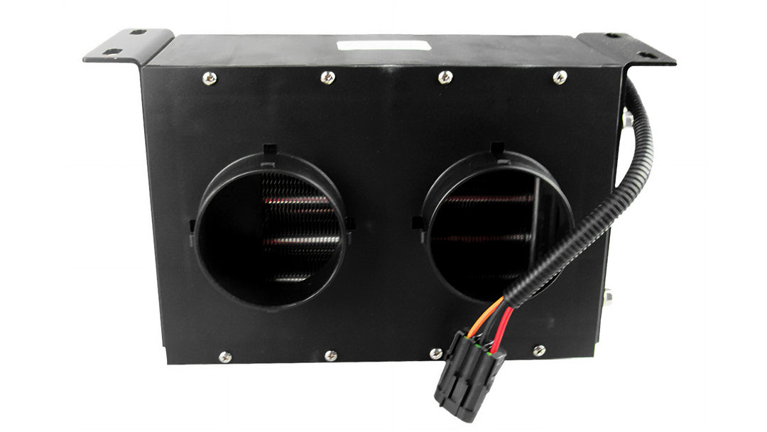 Black 2-outlet heater system with dual round vents and an attached electrical cable, mounted on a flat surface with side flanges for installation.