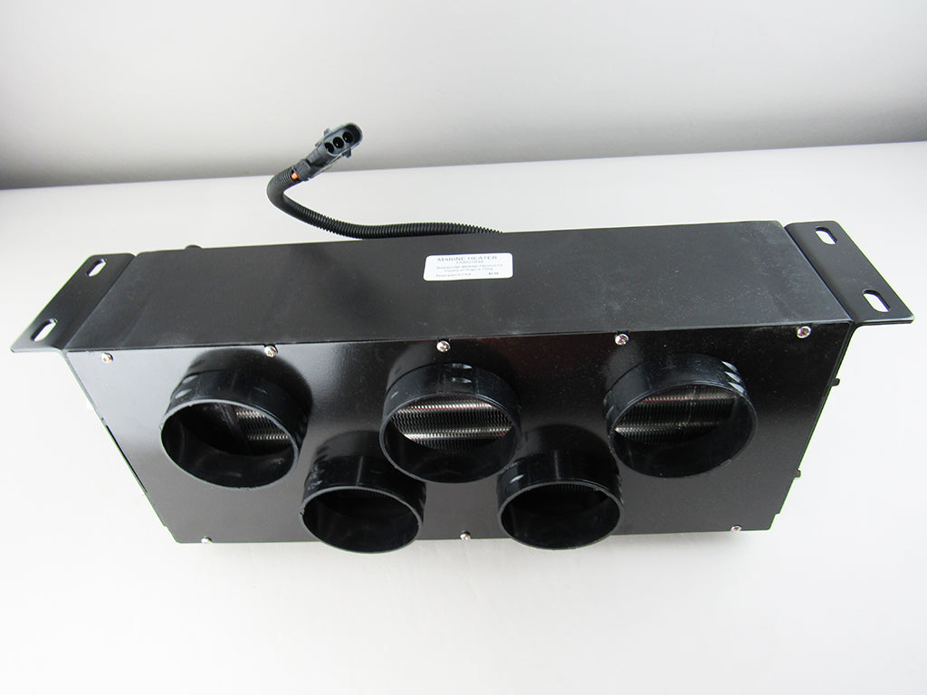 Black 5-outlet heater core with five circular duct openings and electrical wiring, used for heating systems.