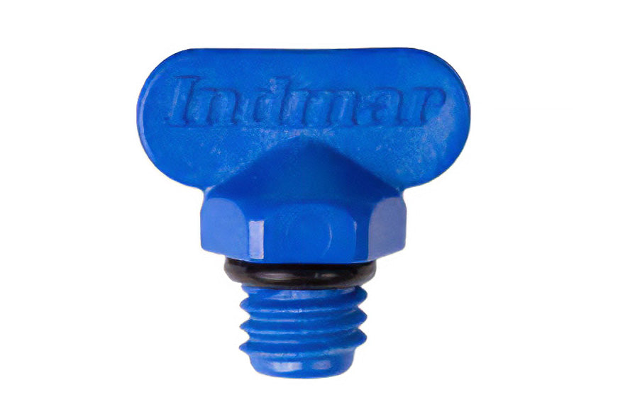Blue Indmar winged drain plug with threaded metal stem and rubber O-ring for marine fluid drainage.