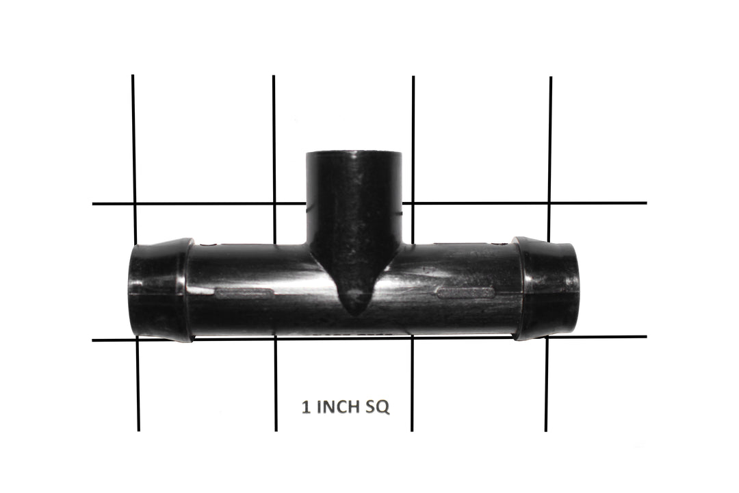 Black 5/8" drain tee with winged plug for Ford, measuring approximately 1 inch square, against a white background.