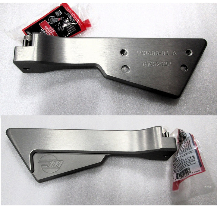 PTM Gen 2 &amp; 3 clamping rack mounting arms, made of metal with engraved markings, designed for secure equipment installation.