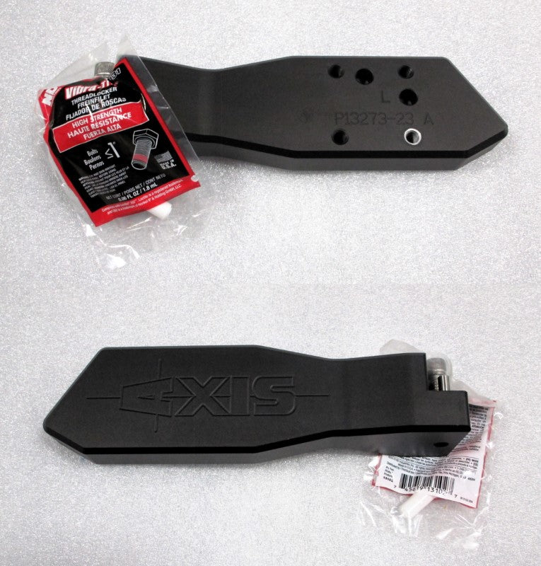 PTM Gen 2 &amp; 3 clamping rack mounting arms with mounting hardware and a tube of threadlocker, black in color.
