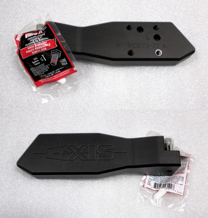 PTM Gen 2 &amp; 3 clamping rack mounting arms with mounting hardware and a tube of threadlocker, black in color.
