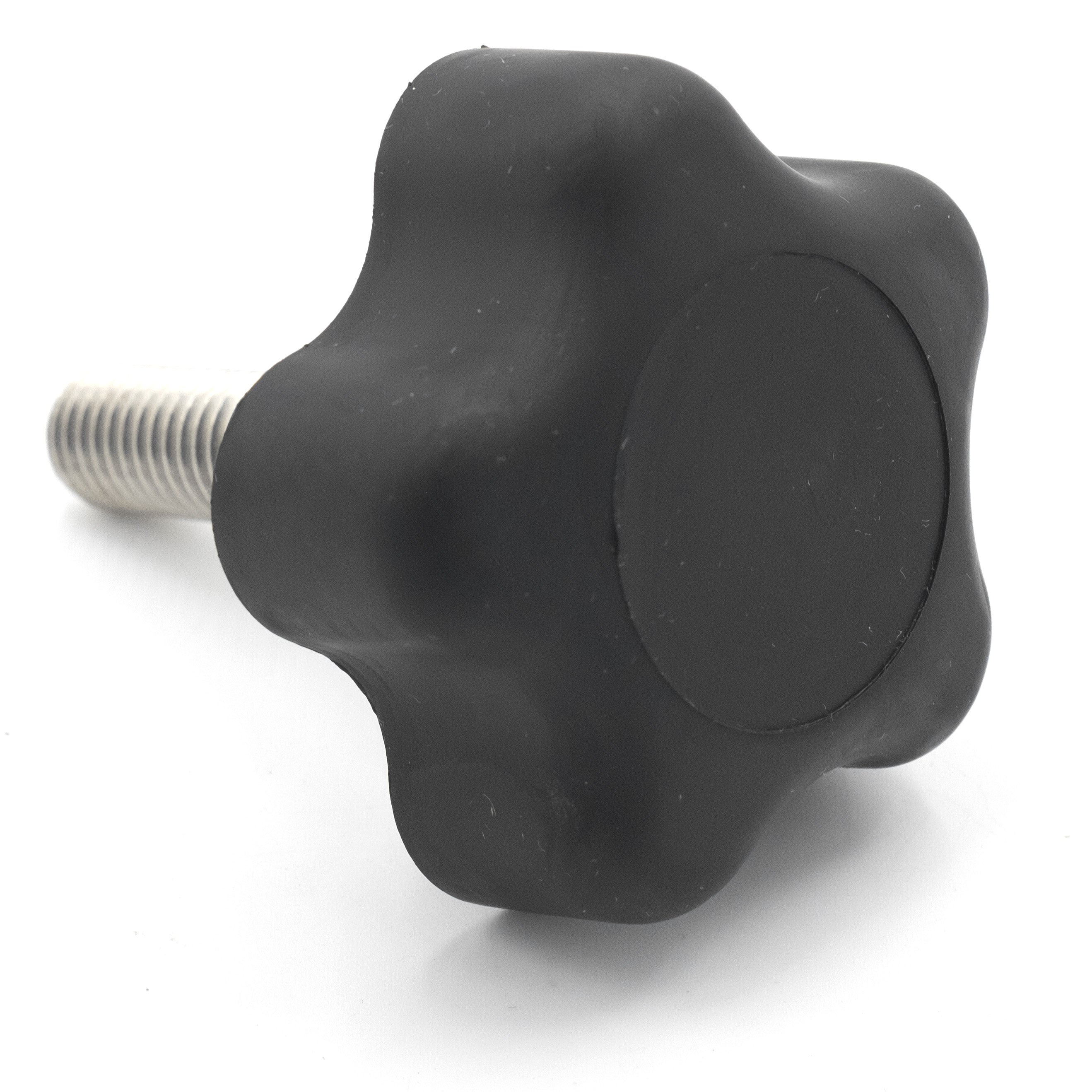 Black, long 1/2-13 threaded knob with an axis, designed for tightening or adjusting equipment.