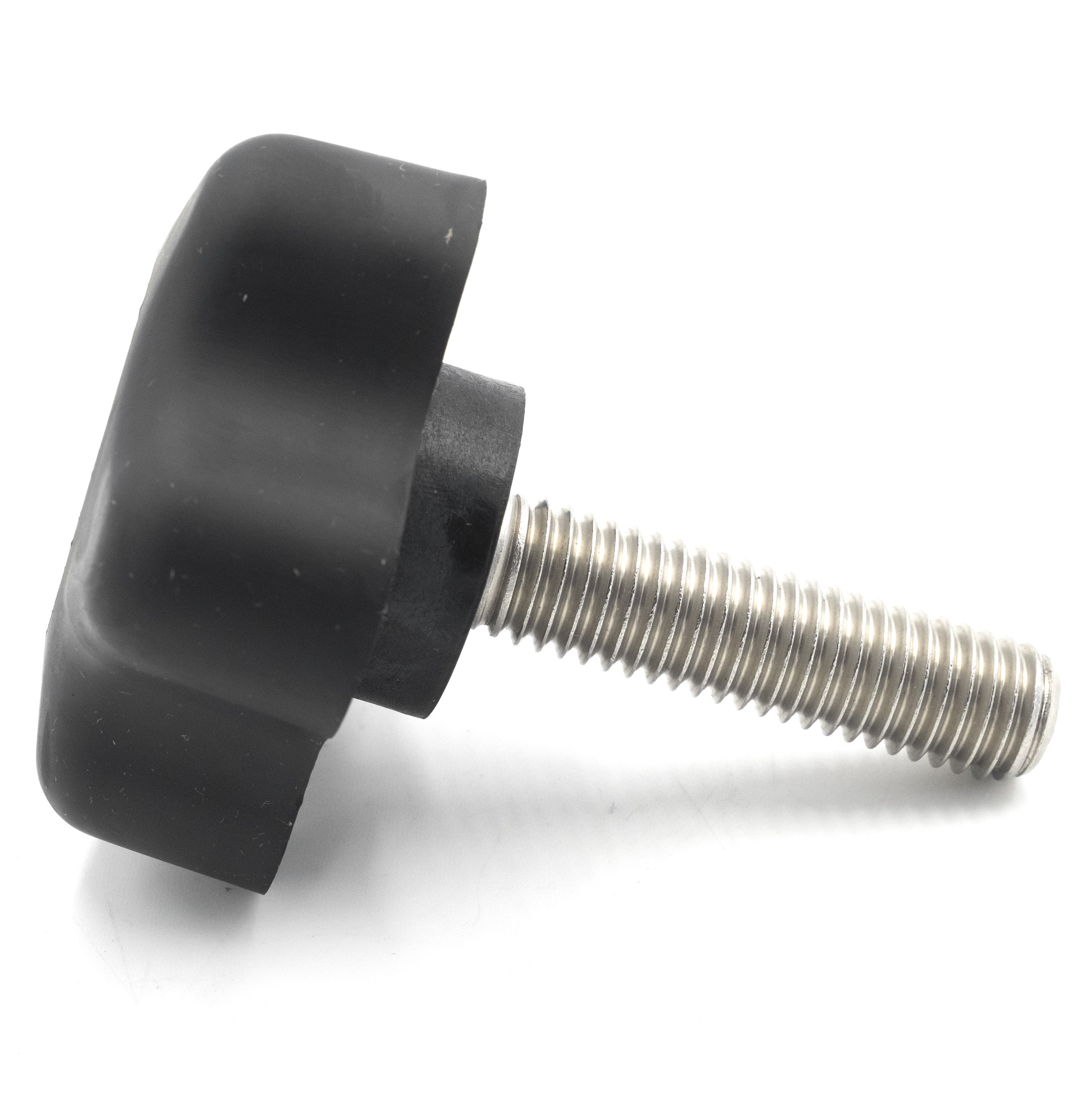 Long black knob with a 1/2-13 threaded metal shaft, designed for use as an axis or control handle.