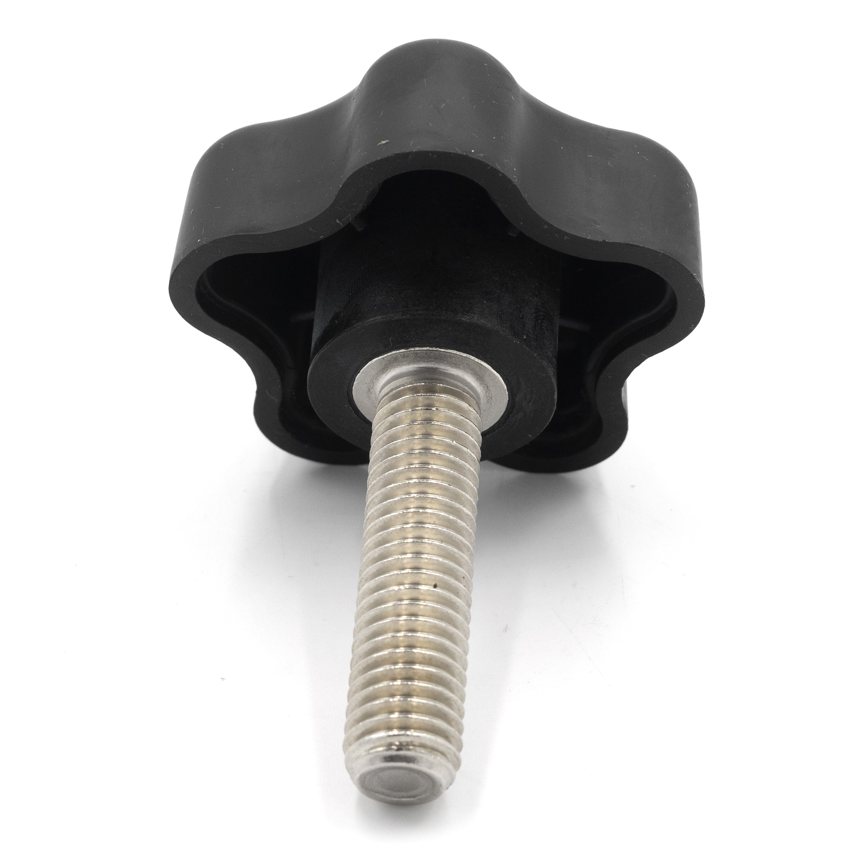 Long black tower knob with a 1/2-13 threaded steel bolt and axis, used for adjusting or securing machinery parts.