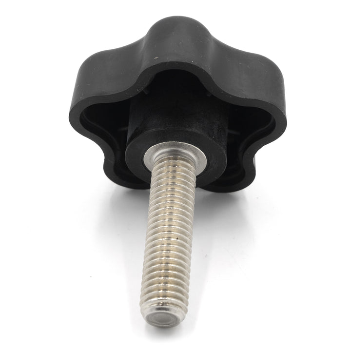 Long black tower knob with a 1/2-13 threaded steel bolt and axis, used for adjusting or securing machinery parts.