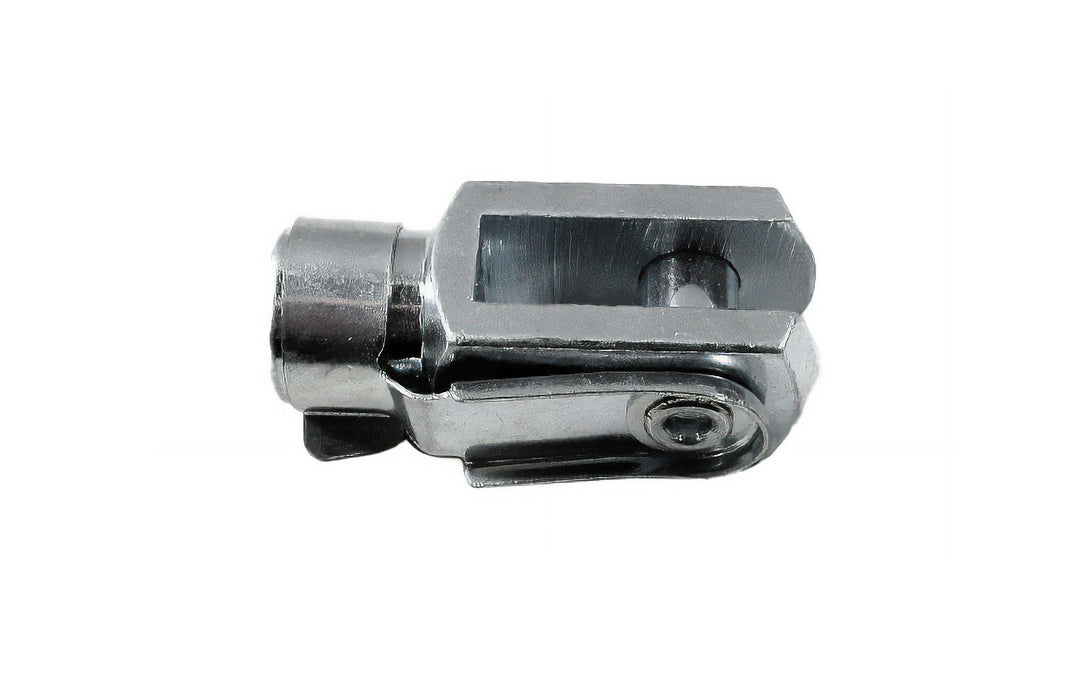 Clevis rod end with pin, 8mm size, designed for tower applications, made of metal with a polished finish.