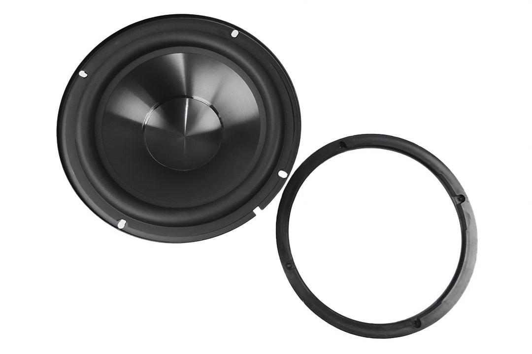 Icon 8 speaker only, black circular speaker with mounting ring, isolated on white background.