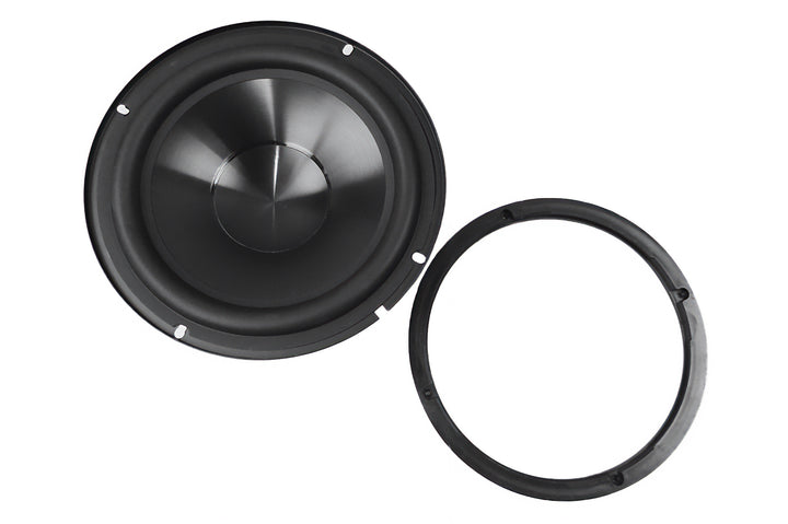 Icon 8 speaker only, black circular speaker with mounting ring, isolated on white background.
