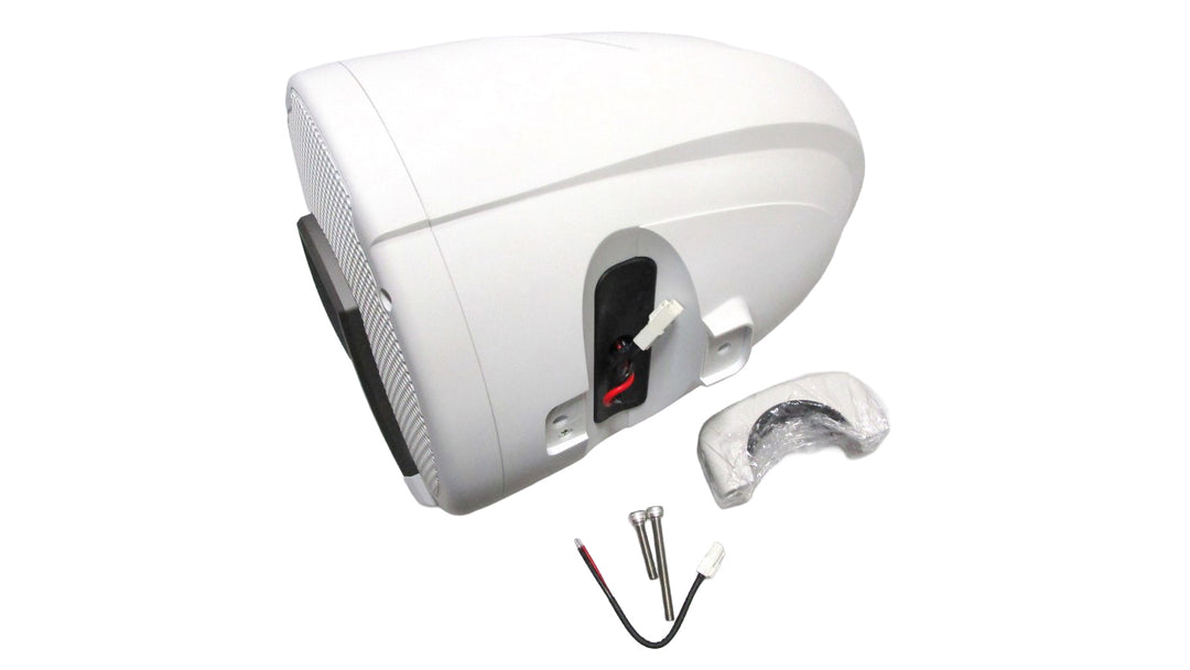 Axis Rev10 Tower Speaker in white with fix clamp and installation accessories for enhanced boating audio experience.