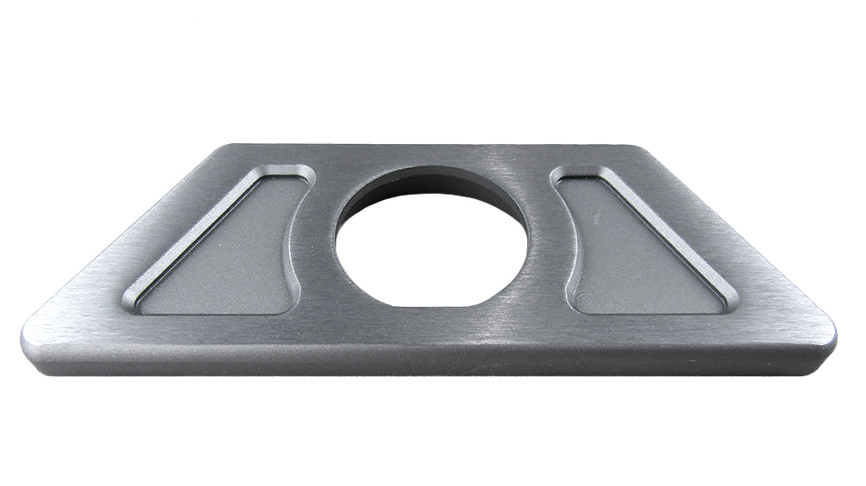 Metal backup camera mount with central hole and angled side slots for secure vehicle rearview camera installation.
