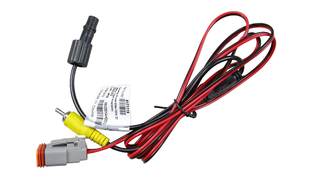 Power video cable for connecting video cameras, featuring red and black wires with a yellow RCA connector.
