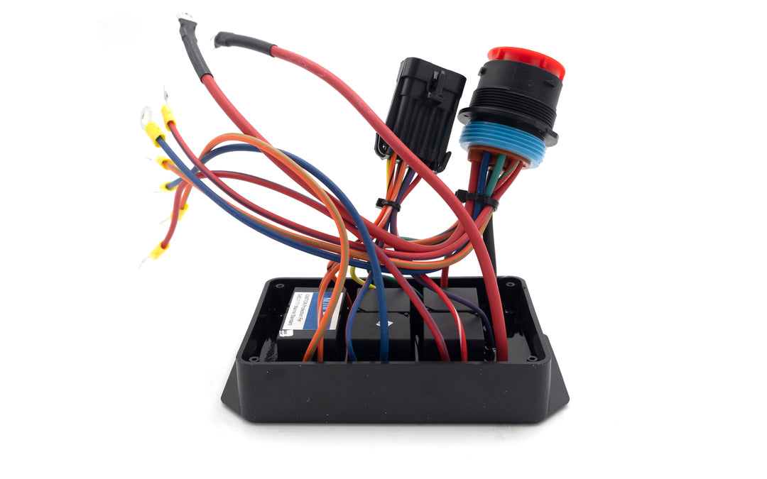 Six-pack relay module with Power Wedge/Surf Gate wiring for 2018-2021 boats, featuring multiple colorful wires and connectors.