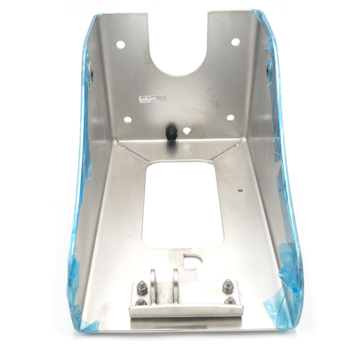 Aluminum Power Wedge II transom bracket with mounting holes, protective blue film, and central attachment point.