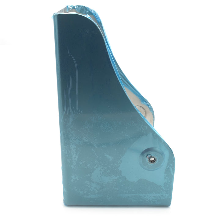 Power Wedge II transom bracket in blue, designed for boat motor mounting, with a protective plastic cover and mounting hole.