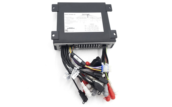 Rockford Fosgate RFX6000 Black Box with multiple wiring connections for audio system integration in boats.