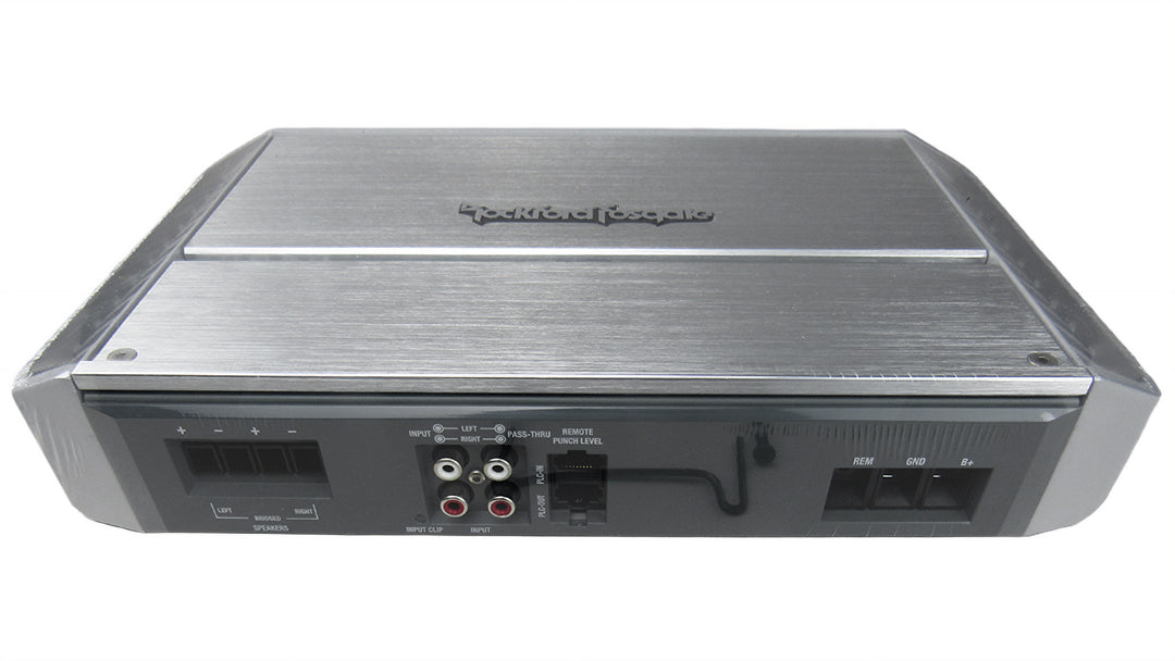 Rockford Fosgate amplifier featuring a sleek design with input and output connections for enhanced audio performance.