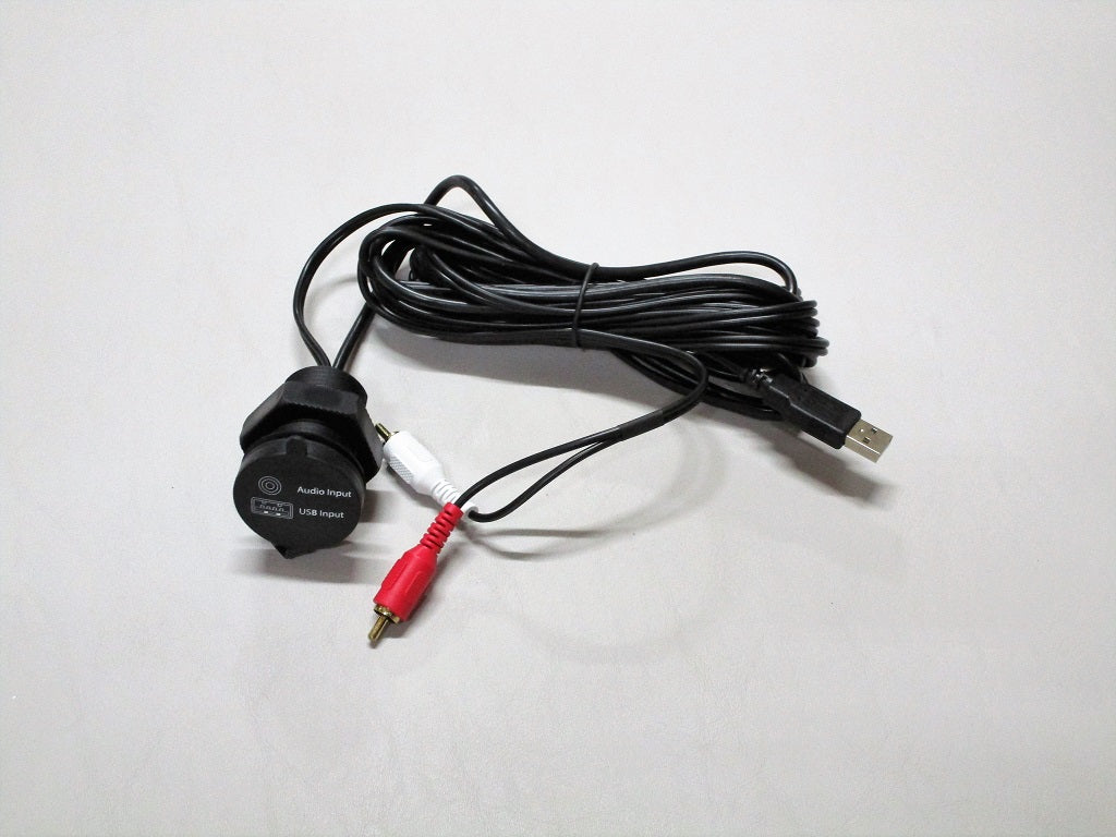 Black USB input port with audio input, RCA connectors, and a long USB cable, designed for connecting multiple devices.