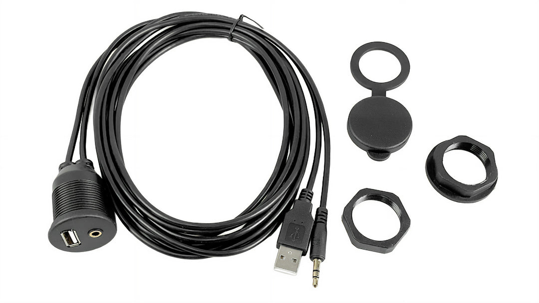 Malibu-Axis stereo adapter with AUX and USB input, including cable, mounting hardware, and protective cap.